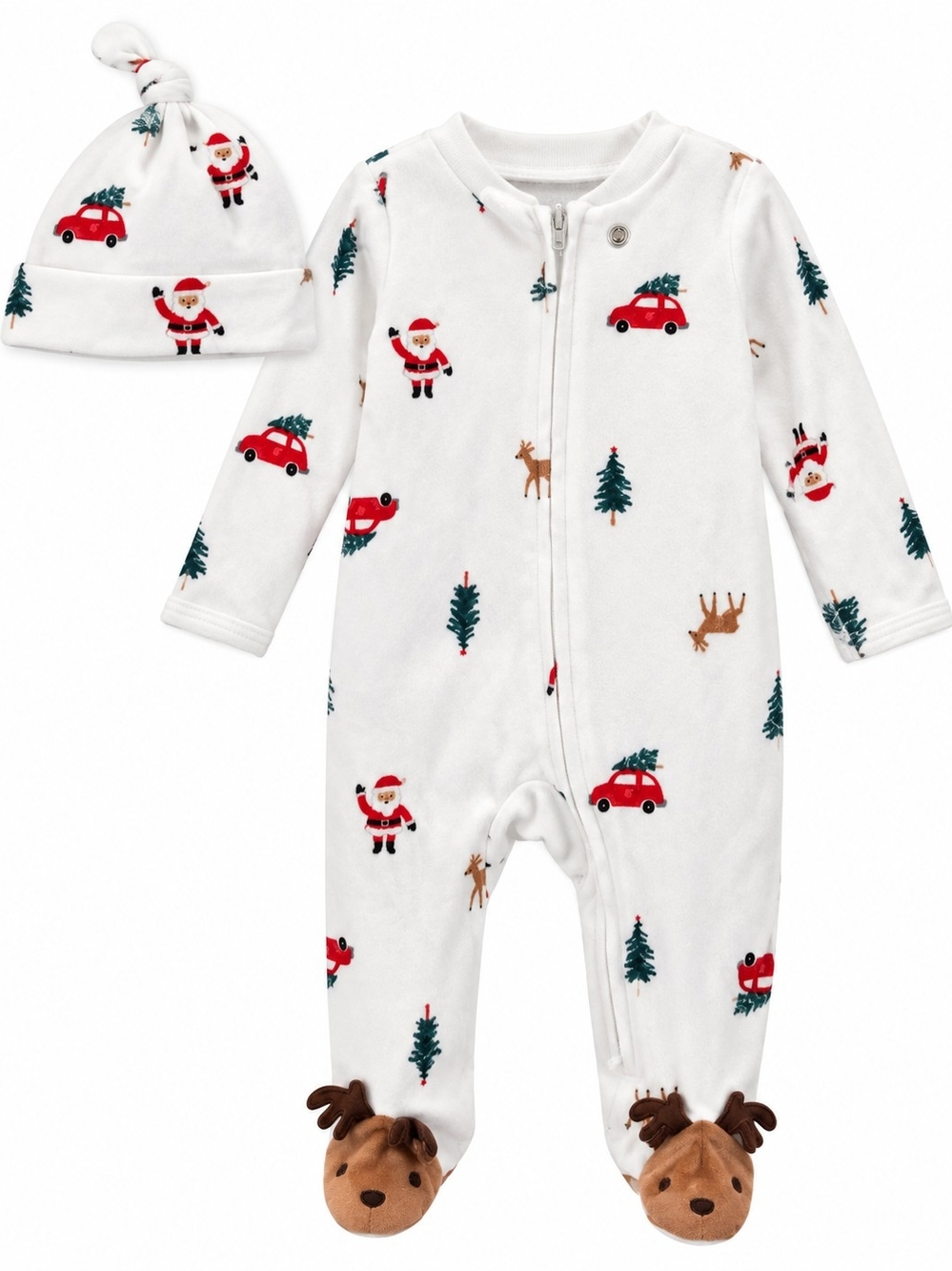 Carter's White Santa, Red Car & Green Tree Footed One-Piece with Hat